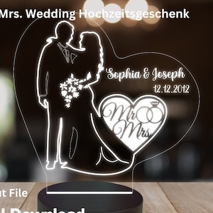 Laserbestand bruiloft Mr & Mrs. acryl hart led 3d lamp in svg, dxf, ai, lbrn2, png en xcf voor lasersnijden, CNC etc.
