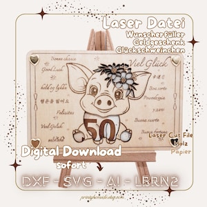 Plik laserowy prezent pieniężny/kupon/spełnienie życzeń powodzenia piggy w formacie DXF, SVG, AI, Lbrn2 dla Lightburn, Lasercut CNC, papier, karton