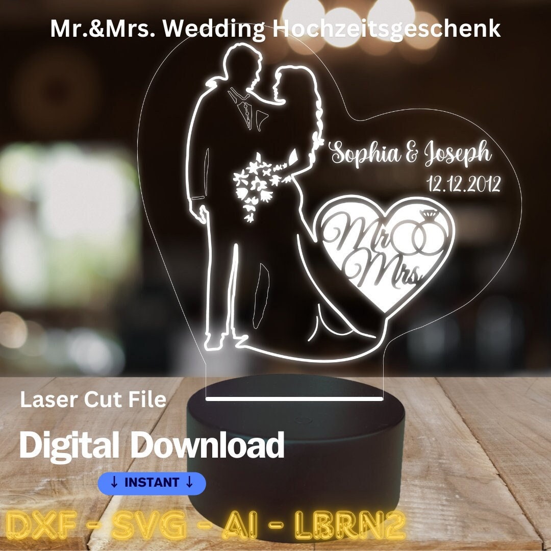 Laser file wedding Mr & Mrs. acrylic heart led 3d lamp in svg, dxf, ai, lbrn2, png and xcf for laser cut, CNC etc.
