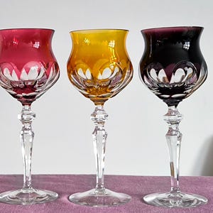 Set of 3 Crystal Wine Glasses - Collectible German Vintage Nachtmann “Carmen” Rare Cut to Clear Set Crystal Colorful Wine Goblets