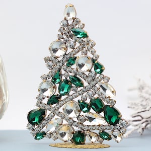 Vintage Rhinestone Table Top Christmas Tree, Vintage Rhinestones Jewelry Crystals Christmas Tree, Czech Rhinestone jeweled Ornament tree