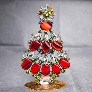 Vintage Rhinestone Table Top Christmas Tree, Vintage Rhinestones Jewelry Crystals Christmas Tree, Czech Rhinestone jeweled Ornament tree