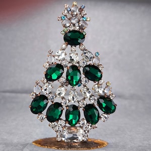 Vintage Rhinestone Table Top Christmas Tree, Vintage Rhinestones Jewelry Crystals Christmas Tree, Czech Rhinestone jeweled Ornament tree