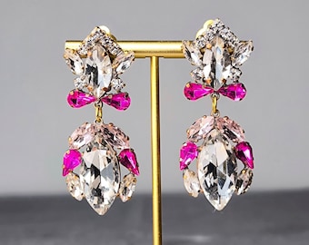 Vintage Crystal Bridal earrings Wedding jewelry- Bridal jewelry Bridesmaid Gift earrings wedding dangle Clips long Earrings Czech rhinestone