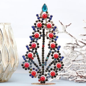 Vintage Rhinestone Table Top Christmas Tree, Vintage Rhinestones Jewelry Crystals Christmas Tree, Czech Rhinestone jeweled Ornament tree