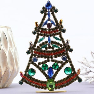 Vintage Rhinestone Table Top Christmas Tree, Vintage Rhinestones Jewelry Crystals Christmas Tree, Czech Rhinestone jeweled Ornament tree