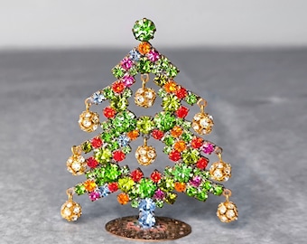 Vintage Rhinestone Christmas Tree, Vintage tabletop jeweled Christmas Tree, Czech Rhinestone mini Tree vintage christmas decorations gifts