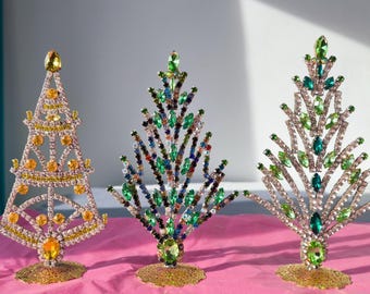 18cm ヴィンテージチェコラインストーンクリスマスツリーオーナメント