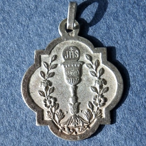 Antique Silver French Eucharist Catholic Religious Medal Necklace Holy Communion Pendant Dated 1888 - Vintage Religious Gifts for Men, Women
