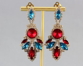 Red Crystal earrings Vintage Wedding jewelry Bridal jewelry Bridesmaid Gift Red earrings wedding dangle Statement Clips long Earrings