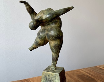 Balancing Lady Statue: Patinated Bronze Sculpture, Whimsical Art Gravity-Defying - Curvy