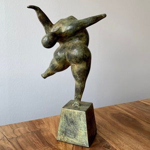 Balancing Lady Statue - Patinated Bronze Sculpture - Whimsical Art Gravity-Defying - Curvy