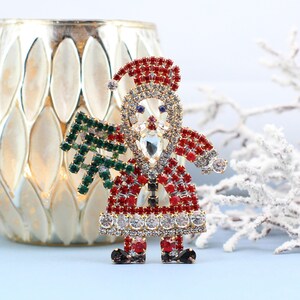 Vintage Christmas Santa with Tree Pin, Czech Crystal Christmas Brooch, Christmas Jewelry, Holiday Jewelry, rhinestone christmas tree brooch