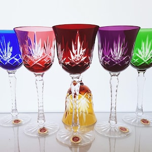 Rainbow Cut-to-Clear Crystal Wine Glasses Set of 6 – Vintage German Veritable Cristal 24 % PbO – Hand-Cut Bohemian Goblets 21 cm 1970s