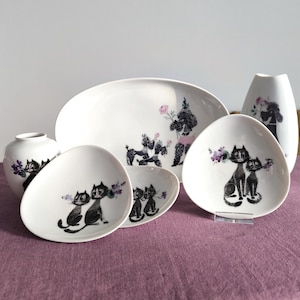 Vintage Lis Mueller Rosenthal Porcelain Set - Mid-Century Black Cat & Poodle Design, 1950s German Collectible Gift for cat lover