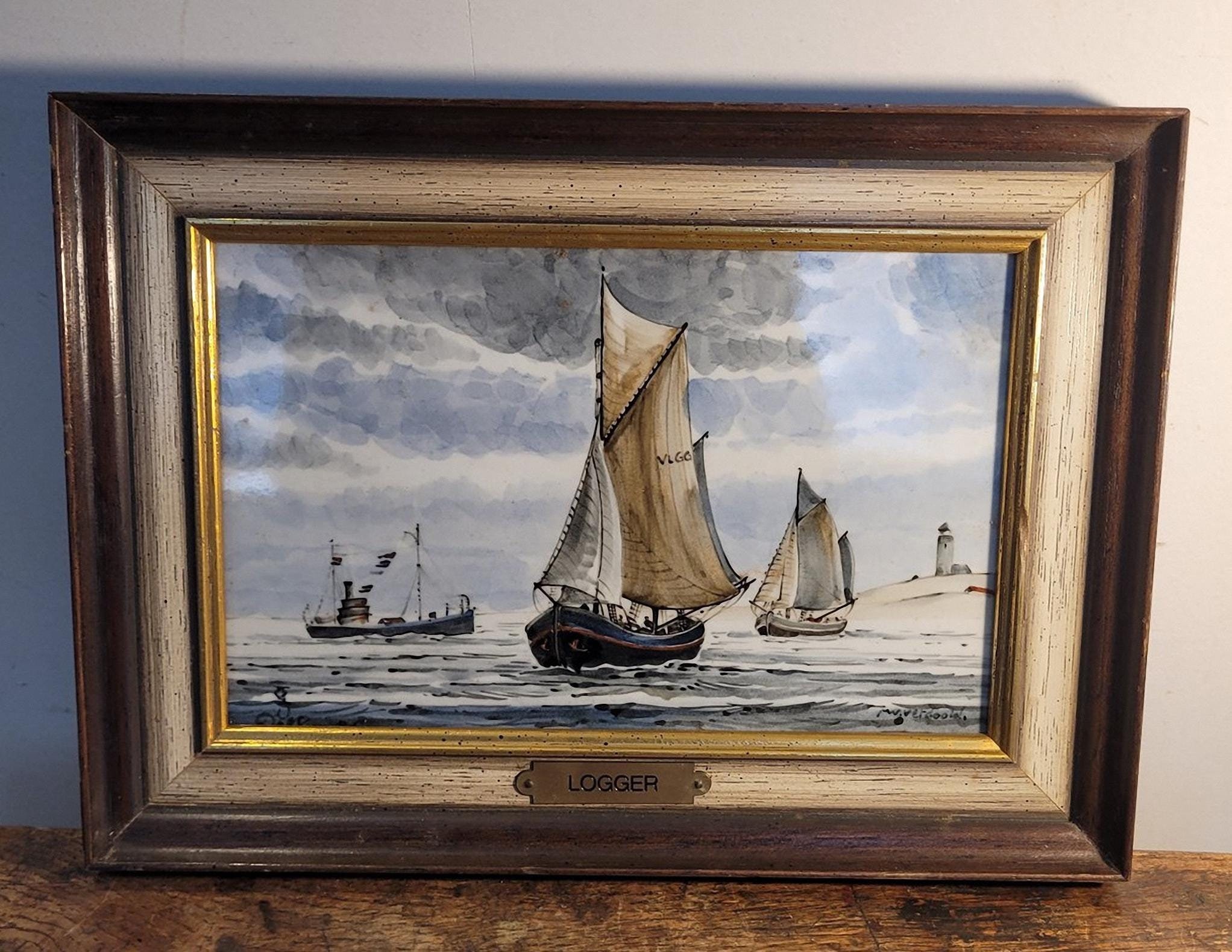 オランダ 80s ヴィンテージ アート タイル 絵画 額装 陶板 帆船 ロイヤルデルフトタイル 海事風景 - 署名入り Verdoold M.W. 手描き