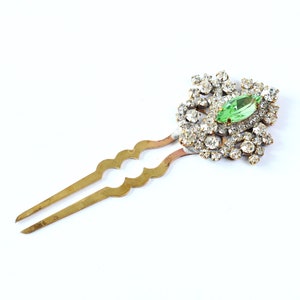 Rhinestone Hair Pin, clear Crystal and green Hairpin wedding Hair Accessory, rhinestone unique jewelry bridal hair piece, Bridal Hair Pin