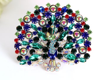 Huge vintage Peacock Brooch, Czech Crystal  Brooch, Vintage Jewelry, Holiday Jewelry Czech rhinestone Peacock Brooch pin Figural Peacock Pin