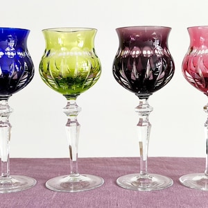 Set of 6 Crystal Wine Glasses - Collectible German Vintage Nachtmann “Marylin” Rare Cut to Clear Set Crystal Colorful Wine Goblets