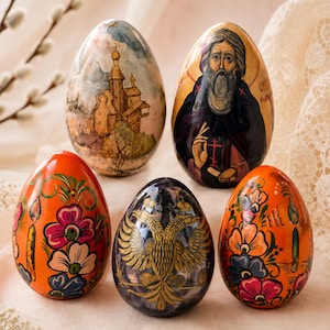 5p Handmade Lacquer Easter Egg Set Sergius Radonezhsky Icon Cobalt Glass Eagle Vintage Orthodox Pascha Gift Collectible Religious Home Decor
