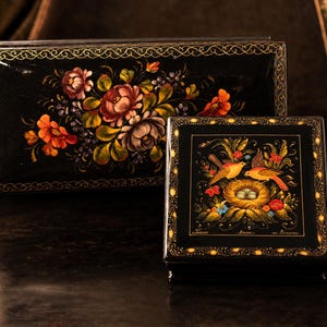 Juego de 2 nidos de pájaro con resortes de laca Palekh, pintados a mano, de madera vintage, arte popular, firmado, coleccionable, regalo, decoración del hogar