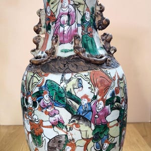 Large Antique Chinese Famille Verte Vase, Shiwan Hand-Painted Warriors Scene, Late Qing-Republic Era 1900–1920s 39cm Collectible Art Pottery