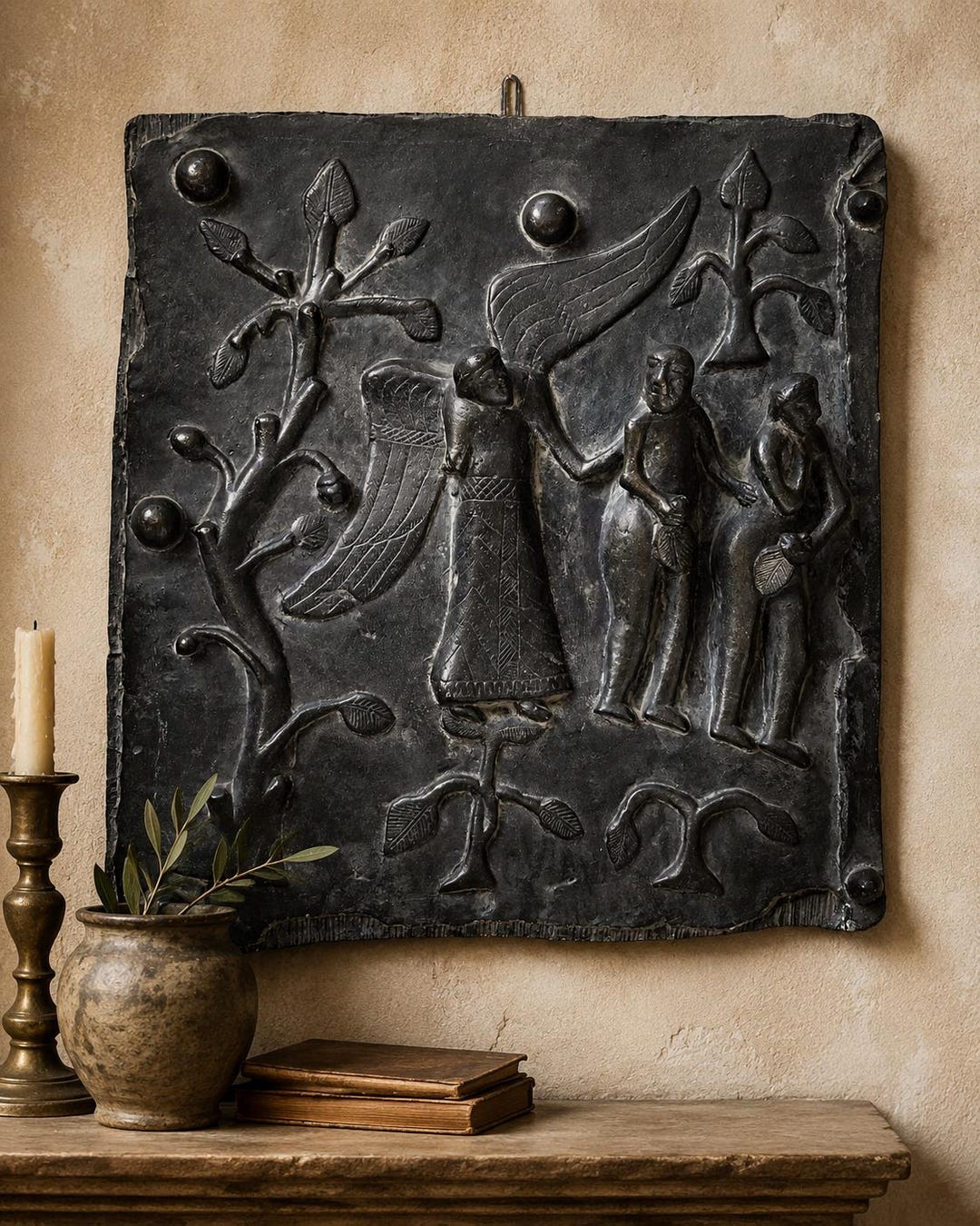 Huge Antique Medieval Adam & Eve Bronze Patina Wall Plaque – Museum ...