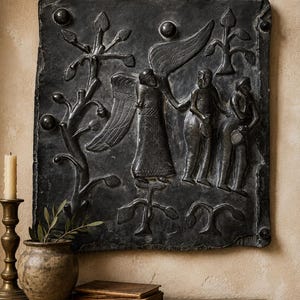 Riesige antike Mittelalter Adam und Eva Bronze Patina Wandrelief - Museumsabguss Hildesheim Bernward Tür 11.Jh., fertig zum Aufhängen 46 x 41 cm