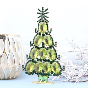 Vintage Rhinestone Table Top Christmas Tree, Vintage Rhinestones Jewelry Crystals Christmas Tree, Czech Rhinestone jeweled Ornament tree