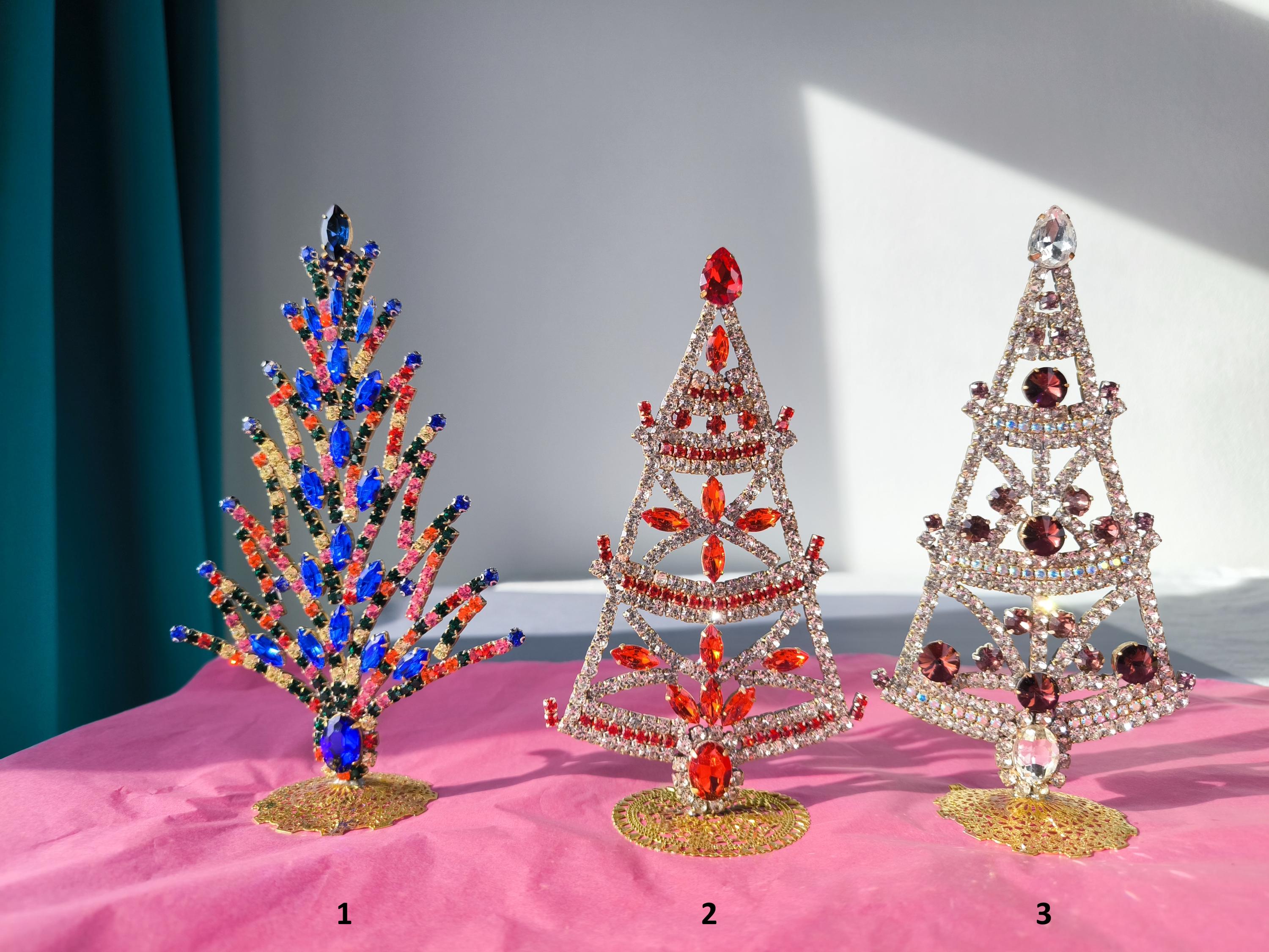 チェコ  ヴィンテージツリー■クリスマスカラー 18cm ヴィンテージチェコラインストーンクリスマスツリーオーナメント