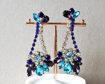 Vintage Blue Crystal Bridal earrings Wedding jewelry Bridal jewelry Bridesmaid Gift blue earrings wedding dangle Statement Clips Earrings