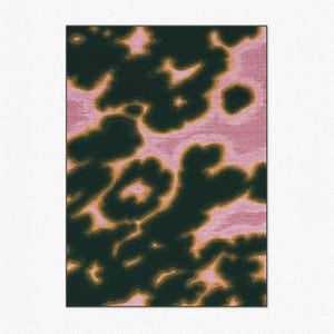 Close up product photo of an eclectic area rug in size 60x84” 5x7 rug. The hand painted tufted texture features a dark green and pink animal print abstract cowhide design showcased on a beige background.