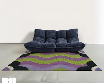 Colorful Purple & Green Geometric Area Rug, Eclectic 6x9 Floral Wavy Carpet, Dopamine Home Decor