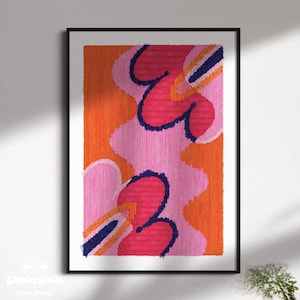 Arte mural textil, impresión artística de Poppy Bauhaus, alfombra sintética retro abstracta rosa y naranja, póster divertido enmarcado, regalo para el hogar con decoración de dopamina