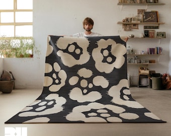 Dopamine Floral Area Rug, Dark Gray, Navy & Off White, 8x10 Carpet for Living Room