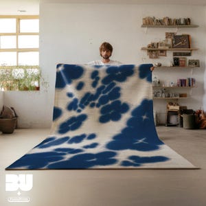 Klein Blue Aura Cowhide Area Rug, Gradient 9x12, Dopamine Home Decor Items Aesthetic Living Room, Eclectic Bedroom Large Animal Print Carpet