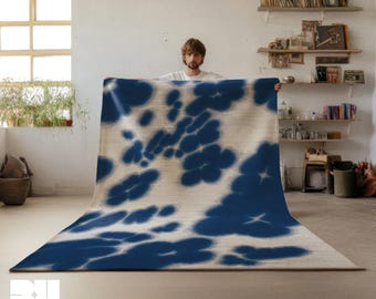 Klein Blue Cowhide Area Rug: Abstract Floral Decor, Animal Print Carpet for Dopamine Home