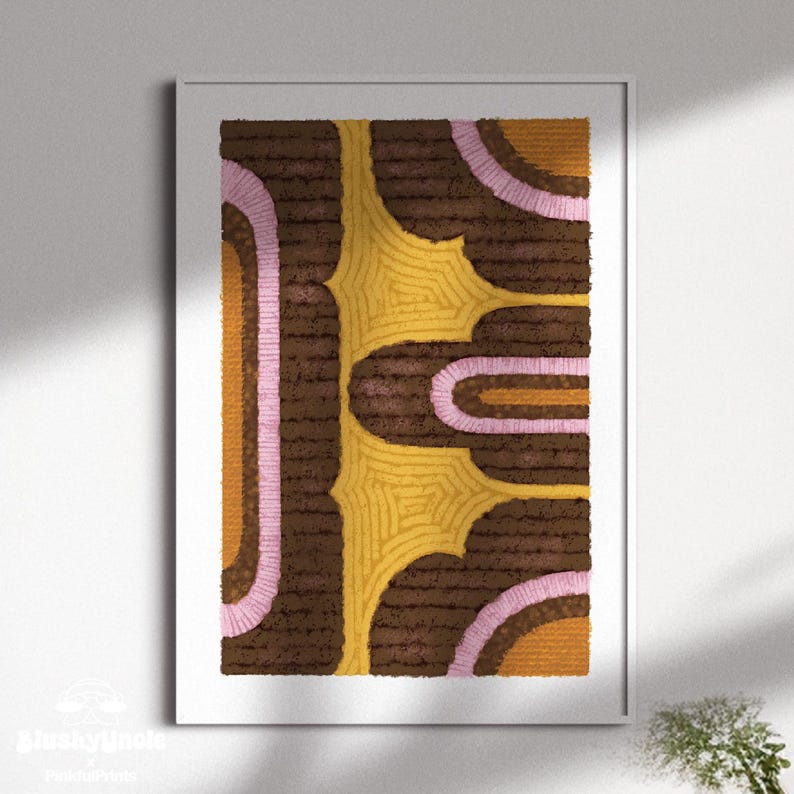 White framed poppies flower art print, yellow, brown and pink wall art, retro tufted flower rug poster, geometric bauhaus style Textile pink wall art, eclectic decor for dorm room essentials.