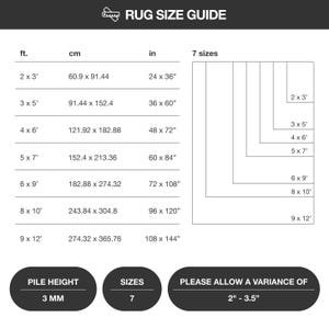 The size guide presents various rug sizes to assist you in choosing the right one: 2x3, 3x5, 4x6, 5x7, 6x9, 8x10, and 9x12.