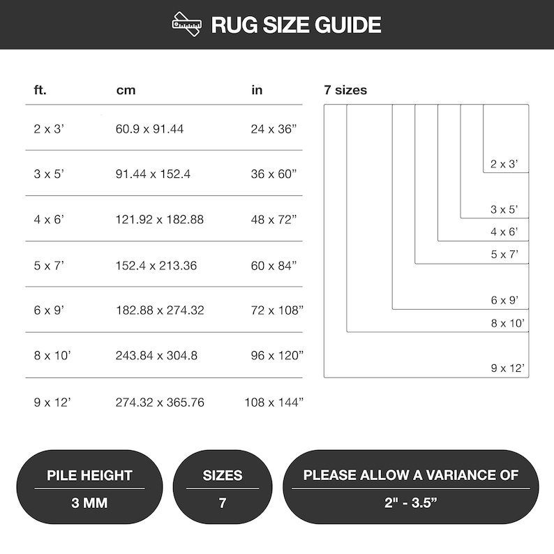 The size guide presents various rug sizes to assist you in choosing the right one: 2x3, 3x5, 4x6, 5x7, 6x9, 8x10, and 9x12.