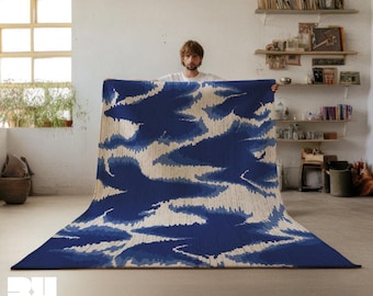 Klein Blue & White Psychedelic Area Rug, Abstract Aura Animal Print Carpet, Eclectic Decor