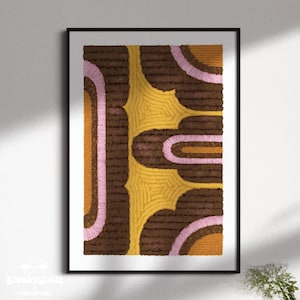 Yellow, brown and pink wall art - the poppy flower Bauhaus art print, abstract retro tufted flower rug, Textile wall art 70s poster, Black framed Dopamine decor for dorm room essentials.