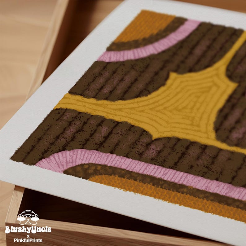 Close-up details to the resemble tufted rug textured textile painting of the eclectic pink, yellow and brown wall art, poppy flower art print placed on a wooden frame on a table.