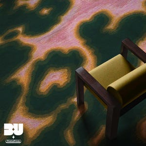 A large 9x12 pink and green psychedelic area rug, featuring hand painted and faux textile texture printed on the rug, with abstract animal print cowhide pattern, A dopamine home decor items for pink aesthetic eclectic apartment.