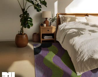 Purple & Green Wave Area Rug, Grometric Eclectic Floral Carpet, 6x9 Colorful Dopamine Home Decor