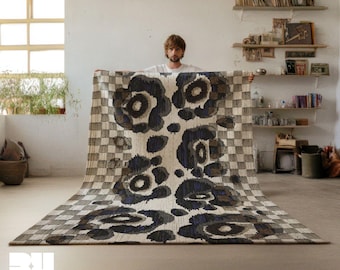 Floral Leopard Checkered Area Rug: Mid-Century Modern, Eclectic Decor