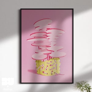 May include: A digital illustration of a pink mushroom-shaped sculpture with a yellow base. The sculpture is on a pink background.