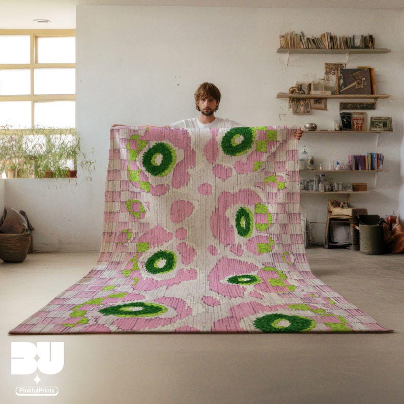 Person holding a dopamine decor, colorful rug for living room, bedroom, nursery and dorm room with pastel pink floral flower market pattern, abstract leopard pattern, green checkered patterns, standing in a cozy room with books and decor on shelves.
