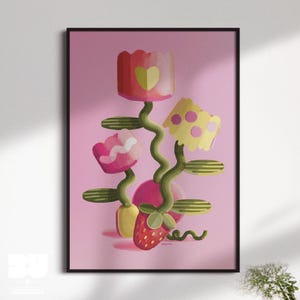 Impresión artística de jarrones florales y frutales caprichosos, póster de mercado de flores para la cocina, decoración ecléctica del hogar con dopamina, arte mural maximalista para el comedor