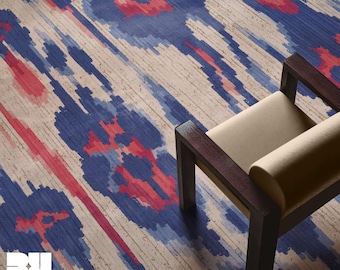 Klein Blue & Red Leopard Area Rug, Mid Century Modern Floral Carpet, Colourful Dopamine Decor